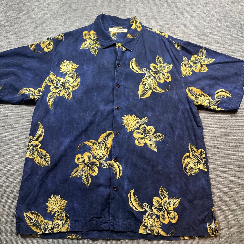 Tommy‎ Bahama Silk Button Up Shirt Mens L Blue Yellow   Tropical Floral